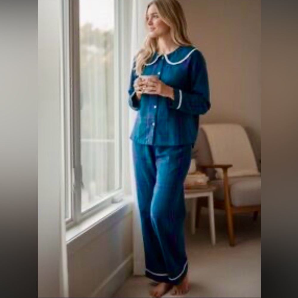 New Plaid Women's Pajama Set - Teal and Purple size L 100% cotton
